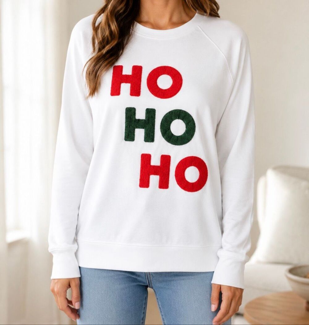 Workshop Ho Ho Ho Christmas Sweatshirt Women’s Small White Holiday Chenille